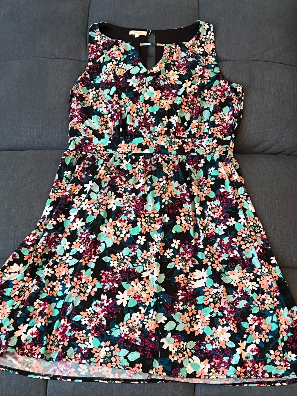 Woman’s Floral Fit-and-Flare Dress in Black and Aqua